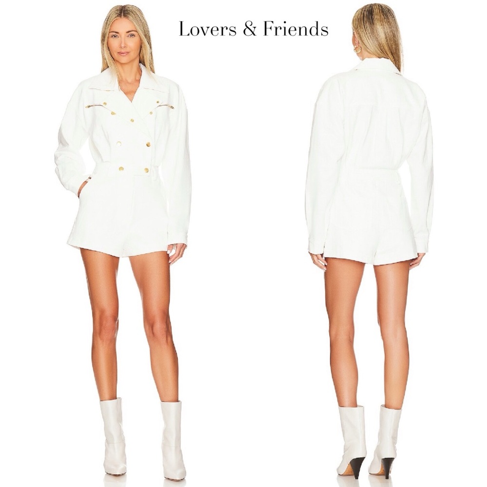 Lovers + Friends FRANKIE ROMPER M Bone White Denim Playsuit with Gold Accents - Picture 2 of 16